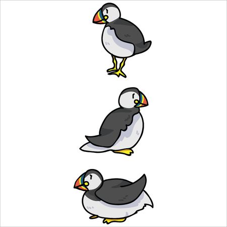 Group of puffins lying down cartoon vector illustration motif set. Hand drawn isolated seaside wildlife elements clipart for nautical birdwatching blog, bird graphic, feather web buttons.のイラスト素材