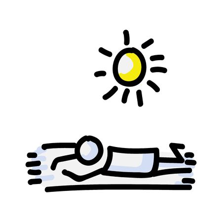 Sunbathing Vector Stick Figure Person Tanning on Towel. Hand Drawn Isolated Human Doodle Icon Motif Element in Flat Color. For Vacation, Resort, Sunlight or Summer Concept. Pictogram EPS 10のイラスト素材