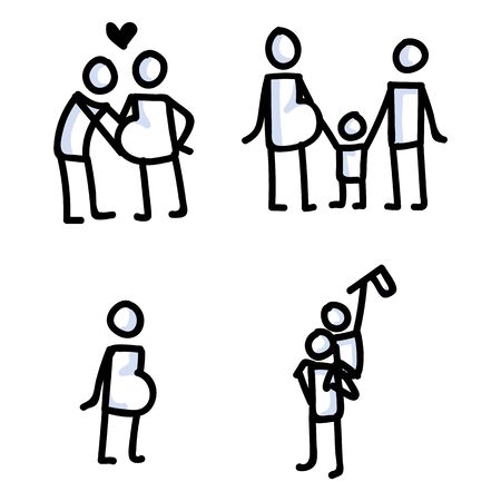 Set of Familyn Stick Figures Vector Illustration. Hand Drawn Isolated Pregnant Woman Icon Motif Element in Flat Color. For Health, Child, Motherhood or Parent Concept. Pictogram EPS10.のイラスト素材