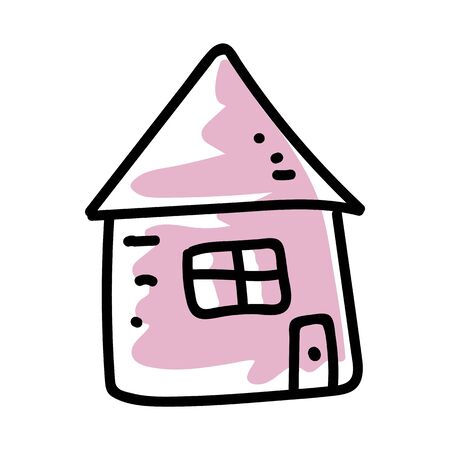 Naive Hand Drawn Doodle House Motif Icon with Smoking Chimney. Simple Hand Drawn Winter Cartoon Line Art Fun. Cozy Cute Home Symbol Vector Isolated Eps 10のイラスト素材