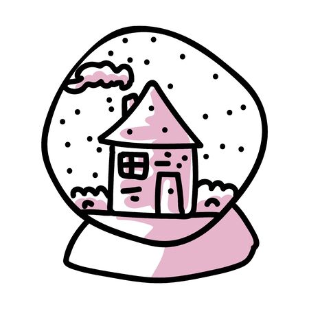 Naive Hand Drawn Doodle House Motif Icon inside Snowglobe . Simple Hand Drawn Winter Holidays Cartoon Fun. Cozy Kawaii Christmas Home. Vector Isolated Eps 10のイラスト素材