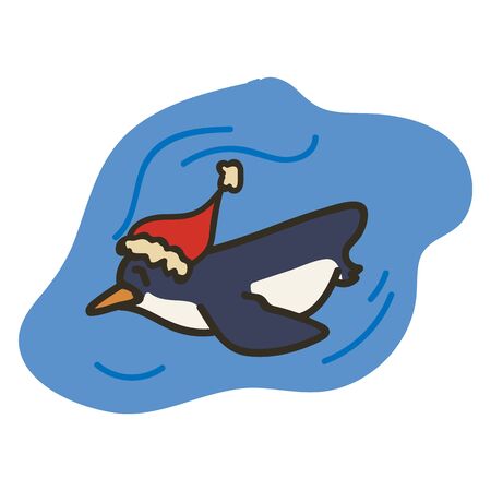 Adorable Swimming Christmas Penguin Clip Art. Arctic Animal Icon. Hand Drawn kawaii Polar Bird Motif Illustration Doodle In Flat Color. Isolated Baby, Nursery and Christmas Bird. Vector.のイラスト素材