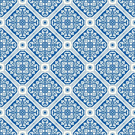 Portuguese Vector Tile Azulejo Pattern. Seamless Lisbon Blue on White Mosaic Square Background. Traditional Floral Ceramic Mediterranean Style Design. All Over Print in Repeat.のイラスト素材