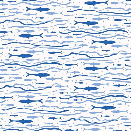 Blue Sardines Fish Seamless Vector Pattern. Swimming Sea Animal Motif for Lisbon St Anthony Portugese Food Festival. Graphic for Traditional Recipe Branding, Canned Seafood Packaging.のイラスト素材