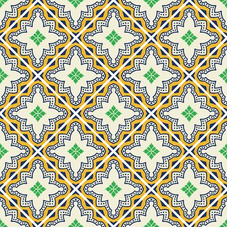 Portuguese Vector Tile Azulejo Pattern. Seamless Lisbon Blue Yellow on White Mosaic Square Background. Traditional Floral Ceramic Mediterranean Style Design. Geometric All Over Print in Repeat EPS10のイラスト素材