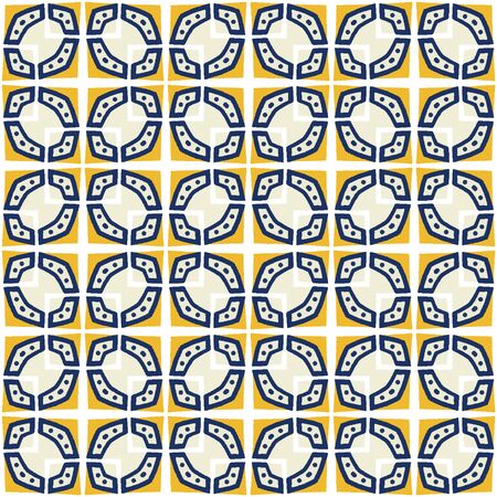 Portuguese Vector Tile Azulejo Pattern. Seamless Lisbon Blue Yellow on White Mosaic Square Background. Traditional Floral Ceramic Mediterranean Style Design. Geometric All Over Print in Repeat EPS10のイラスト素材