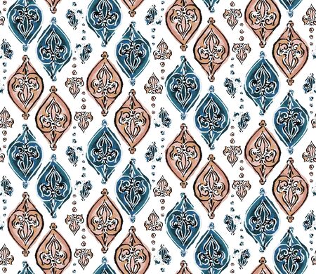 Hand Drawn Indienne Paisley Motif Seamless Pattern. Ornate Arabesque Ornamental on White Background. Painted Ogee Bohemian Damask Textile. Packaging, Wallpaper All Over Print .のイラスト素材