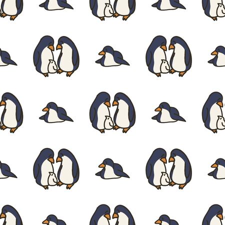 Cute Penguin and Chick Cartoon Seamless Vector Pattern. Hand Drawn Antarctic Fauna Tile. Print for North Pole Wildlife Blog, Safari, Bird, Cold Animal Graphic. Adorable Kids Illustration Home Decor.のイラスト素材