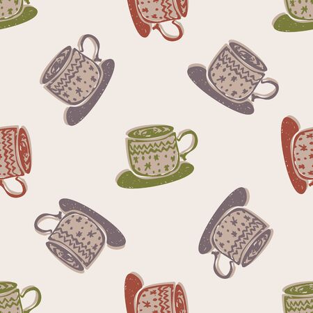Winter Warmer Hot Coco Seamless Pattern. Holiday background with Hand Drawn Flat Doodle Festive Cup Icon. Warm Up from the Cold Scandi Hygge Mood. Muted Color in Scandinavian style Vectorのイラスト素材