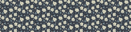 Indigo Grey Naive Daisy Bloom Seamless Border Pattern. Hand Drawn Ditsy Floral Texture background....