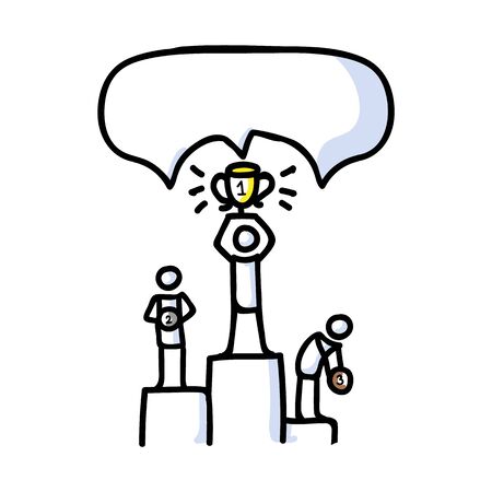Hand Drawn Stick Figure Champion Podium. Concept Prize Winner Competition. Simple Icon Motif for Pictogram contest. First place, Second, Third, Speech bubble Illustration.のイラスト素材