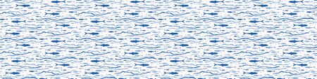 Sardine shoal of fish seamless vector border pattern of grilled fishes. Lisbon St Antonio traditional portugese food festival. June Portugal street party. Atlantic ocean animal ribbon.のイラスト素材