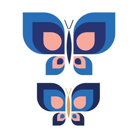 Two Vintage Geometric Butterfly Vector Illustration. Hand Drawn 60's Style Garden Insect Simple Motif. Retro Classic Light Pink and Blue Bug Wildlife Clip Art. のイラスト素材