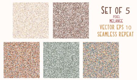 Seamless Pattern Pixel Melange Marl Texture Blend. Muted Earth Dye Tones in Dense Pixelated Noise Style. Micro Mosaic Summer Background. Vector Textile Swatch Set of 5 Collectionのイラスト素材