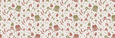 Seasonal Winter Warmer Seamless Border Pattern. Holiday banner with Hand Drawn Flat Doodle Festive...