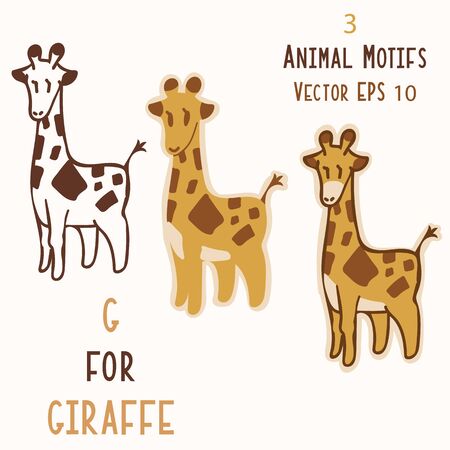Adorable Cartoon Giraffe Clip Art Set . Childish Safari Animal Icon. Hand Drawn Kawaii Kid Motif Illustration Doodle in Flat Color. Isolated Baby, Nursery and Pastel Childhood Character. のイラスト素材