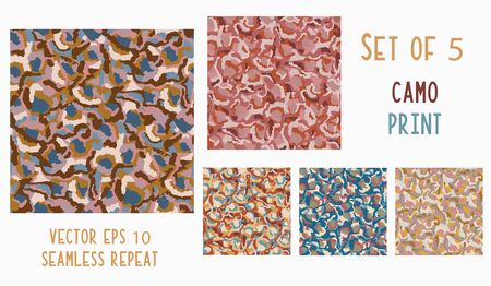 Camouflage All Over Print Playful Vector Texture. Modern Animal Skin Hand Drawn. Seamless Non Print Marbled Pattern Background. All Over Tile Set of 5のイラスト素材