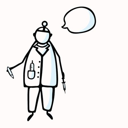 Hand Drawn Stick Figure Doctor or Surgeon & Speech Bubble, Injection. Concept Health Care Medical Hospital. Cartoon Icon Motif for Surgery Treatment, Physician Clip art Illustration. のイラスト素材