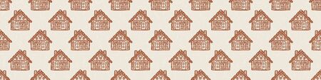 Homespun Gingerbread House with Decorated Icing Border Pattern. Seamless Ribbon Trim Background in Warm Ecru Brown with Falling Snow Texture. For Christmas Washy Tape. Isolated Vectorのイラスト素材