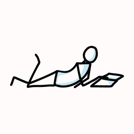 Reading Stick Figure Person lying down with Book or Journal. Hand Drawn Isolated Human Doodle Motif Element in Flat Color. For Education, Literature, Study Relaxation Concept. Pictogram Vector.のイラスト素材