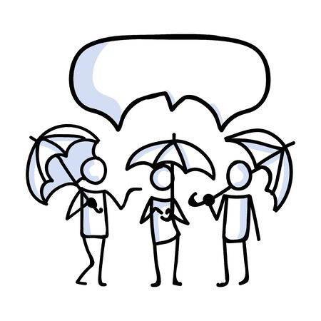 Hand Drawn Three Stick Figures with Umbrella in Rain. Concept of Storm Shelter Expression. Simple Motif Speech Bubble Communication. Nature, Cloud, Thunder, Holding Bujo Illustration. Vector.のイラスト素材