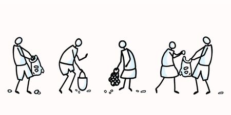 Hand Drawn Stick Figures Beach Clean Up Illustration. Concept of Save the Ocean and Planet. Icon Motif for Environmental Earth Day, Volunteer Clipart, Eco Rubbish Recycling Teamwork . Vector Eps 10のイラスト素材