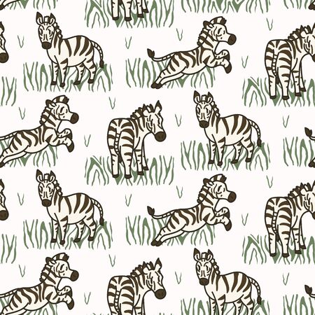 Cartoon Zebra in Grass Seamless Pattern. Cute Safari Animal Background.のイラスト素材