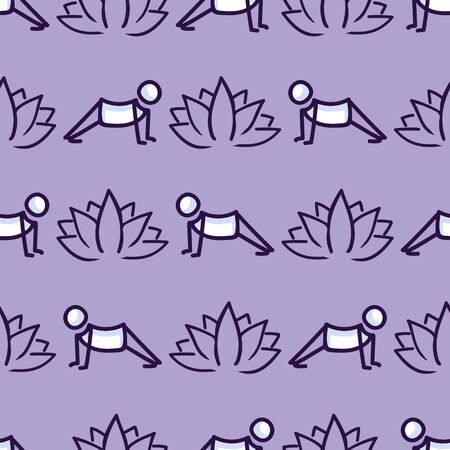 Stick figure cobra yoga pose with lotus flower seamless vector pattern. Hand drawn peace zen and wellness background. Physical exercise fitness home decor. Health aerobics all.のイラスト素材
