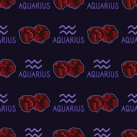 Mystical Aquarius star sign with garnet birth stone crystal seamless vector pattern. Hand drawn geology background. Trendy magical order, zodiac home decor. Esoteric typography.のイラスト素材