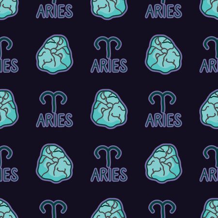 Mystical Aries star sign with aquamarine birth stone crystal seamless vector pattern. Hand drawn geology background. Trendy magical order, zodiac home decor. Esoteric typography.のイラスト素材