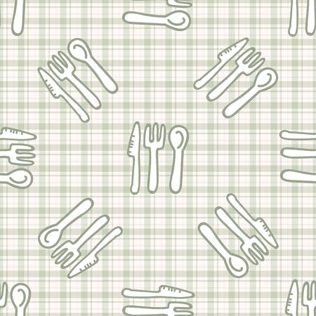 Cute cutlery knife, spoon and fork seamless vecotr pattern. Hand drawn green gingham domestic tableware background. Silverware kitchen utensil home decor.のイラスト素材