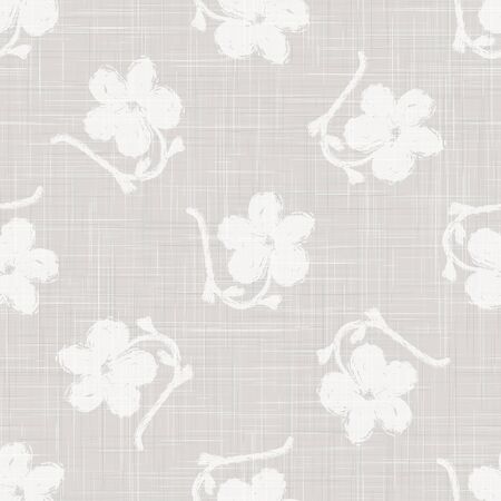 Gray French Linen Texture Background printed with White Daisy Flower. Natural Ecru Flax Fibre Seamless Pattern. Organic Yarn Close Up Grey Beige Weave Fabric Wallpaper, Neutral Packagingのイラスト素材