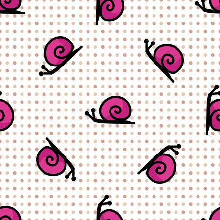 Cute simply stylized snail seamless vector pattern. Hand drawn mollusk insect on polka dot background. Garden pest home decor. Pink, spiral, nature, bug.のイラスト素材