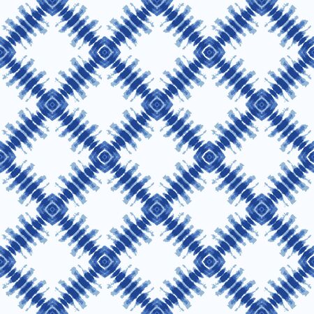 Shibori Tie Dye Effect Diamond Background. Seamless Pattern Textile Swatch in Bleach Style Dyed Indigo Blue.のイラスト素材