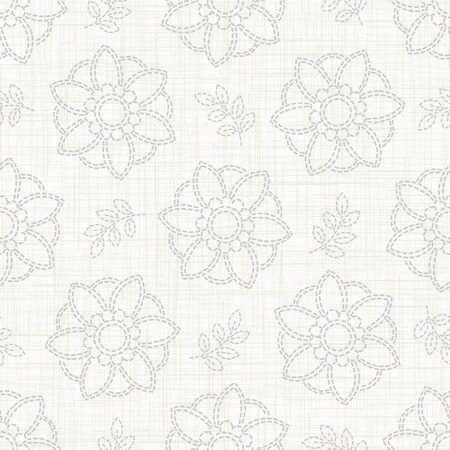 Gray French Linen Texture Background printed with White Daisy Flower. Natural Ecru Flax Fibre Seamless Pattern. Organic Yarn Close Up Grey Beige Weave Fabric Wallpaper, Neutral.のイラスト素材