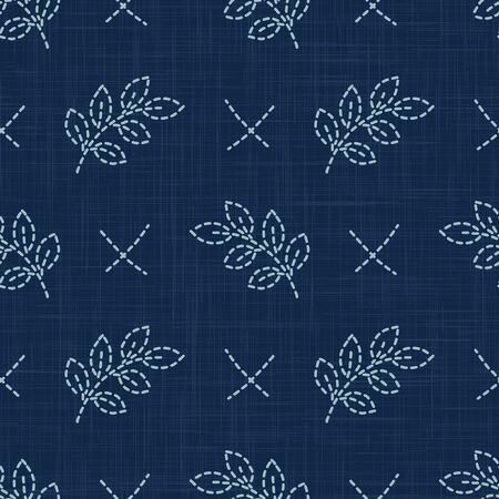 Leaf Motif Embroidery Motif Background. Japanese Sashiko Effect Needlework Seamless Linen Pattern. Hand Running Stitch Indigo Dark Blue. Texture Textile Print, Japan Decor Asian Quilt.のイラスト素材