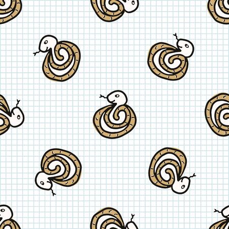 Kawaii doodle snake seamless vector pattern. Hand drawn naive serpent predator background. Wild nature venemous reptile cute home decor. Viper, snakeskin, predator.のイラスト素材