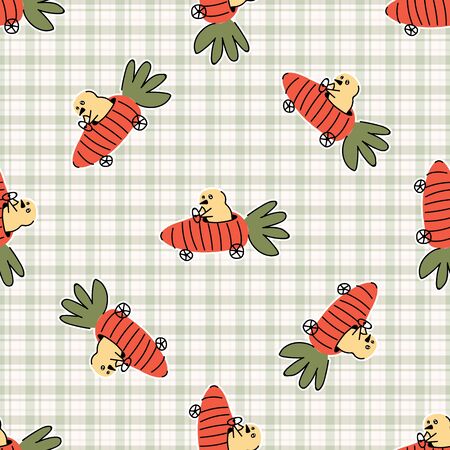 Hand drawn cute chickens in easter carrot car seamless pattern. Vector vegetable vehicle on gingham background. Root and hen all over print. Spring chick.のイラスト素材