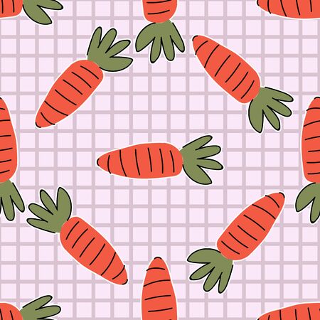 Hand drawn cute carrot on stripe seamless pattern. Vector farm fresh produce background. Farmers market vegetable. Root all over print. Self sufficient .のイラスト素材