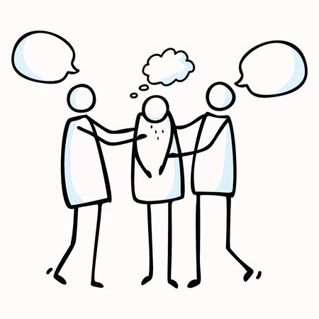 Crying Stick Figure with 2 People Comforting. Hand Drawn Isolated Flat Black White Illustration. Compassion Speech bubble Stickman. Doodle Drawing Clipart. Healthcare, Sketchnote Motif.のイラスト素材