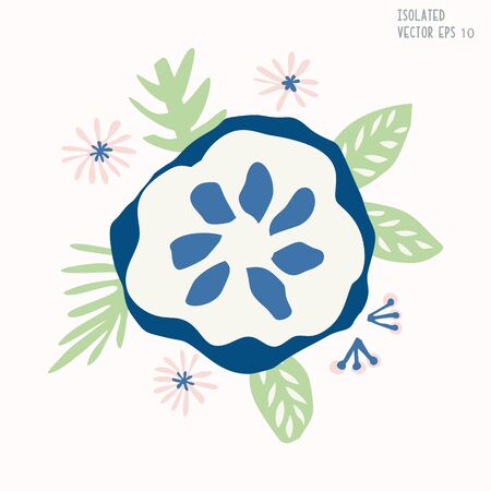 Hand Drawn Stylized Flower Clip Art. Classic Blue Cream and Blush Floral Motif Icon in Paper Cut Out Style. Perfect for Invitation, Florist, Romantic Wedding Flora Illustration. Isolated.のイラスト素材