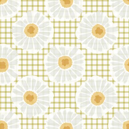Chamomile Vector Daisy Wildflower Motif Background. Naive Margerite Flower Gingham Seamless Pattern on White. Spring Tartan Hand Drawn Textile. Summer Retro 50s Meadow Repeat Illustration.のイラスト素材
