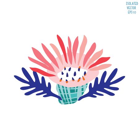 Hand Drawn Stylized Flower Clip Art. Classic Blue Cream and Blush Floral Motif Icon in Paper Cut Out Style. Perfect for Invitation, Exotic Tropical Wedding Flora Illustration. Isolated Vectorのイラスト素材