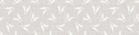 Gray French Linen Texture Banner Background printed with White Winter Leaves. Natural Unbleached Ecru Flax Fibre Seamless Pattern. Organic Close Up Weave Fabric Border.のイラスト素材