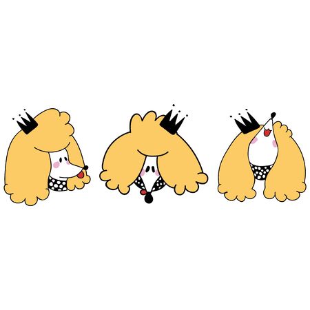 Cute set of kawaii poodle puppy dogs with crown vector clipart. Japanese style cartoon smiling animal. Adorable girly hand drawn sketch of doggies illustration.のイラスト素材