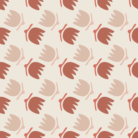 1970s Retro Daisy Blossom Motif Background. Naive Margerite Flower Seamless Pattern. White on Brown. Delicate Leaves Hand Drawn Textile. Bold SpringTulip Vintage Repeat Illustration.のイラスト素材