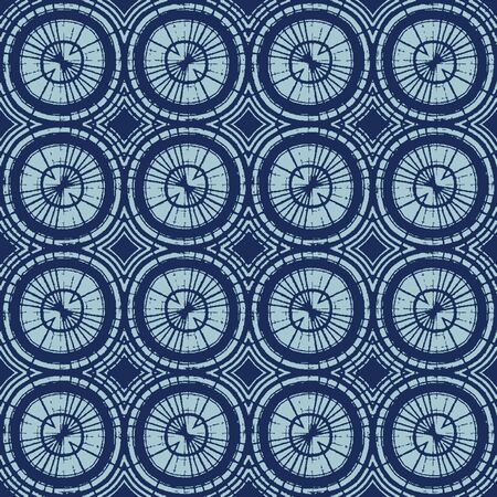 Dyed Indigo Blue Batik Circle Texture. Variegated Tie Dye Polka Dot Background. Japan Indonesian Ethnic Seamless Pattern. Distressed Irregular Bleach Effect Textile. All Over Print.のイラスト素材