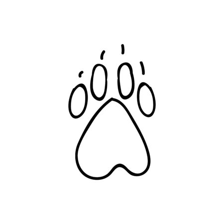 Cute cartoon monochrome dog paw with claw print lineart vector clipart. Wildlife animal foot print for dog lovers. Stylized fun kids nature trail. Illustration mark. Isolated claw walking.のイラスト素材