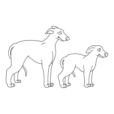Cute cartoon monochrome greyhound dog and puppy lineart vector clipart. Pedigree kennel racing hound for dog lovers. Purebred domestic pooch for pet parlor illustration. Isolated fast canine. EPS 10.のイラスト素材