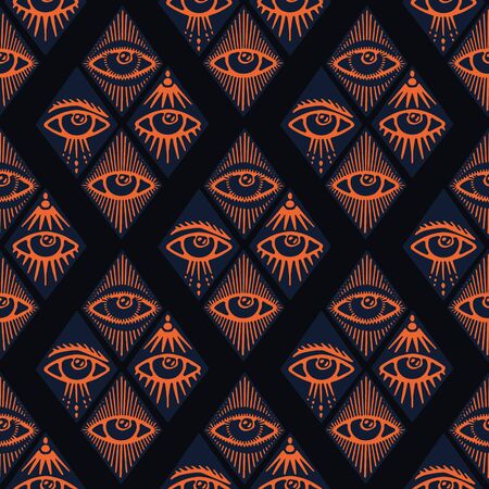 Dark hand drawn magic third eye seamless pattern. Spiritual magical human eyes vector texture background. Esoteric symbol of protection. Modern mythic graphic backdropのイラスト素材